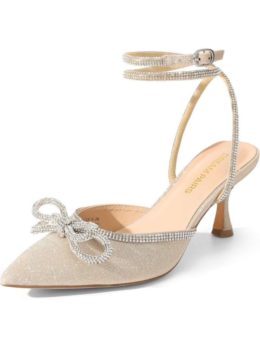 Women's Kitten Heels Rhinestone Bow Gold Ankle Strap Pointed Close Toe Heels